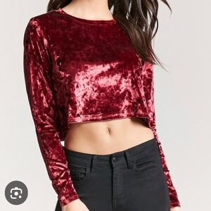 Forever 21 Maroon, long-sleeve, crushed velvet crop top. MEDIUM